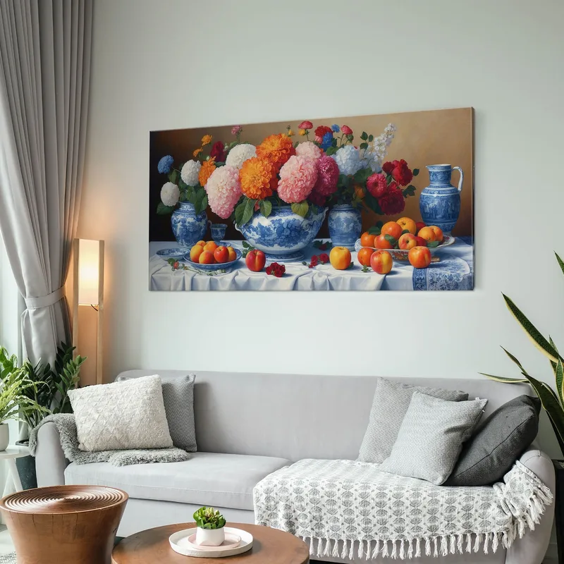 Peinture Botanique Nature Morte Avec Fleurs Et Fruits Dans Des Vases En Porcelaine Bleue