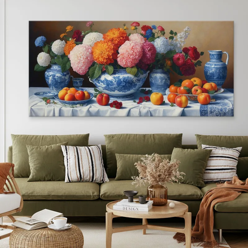 Peinture Botanique Nature Morte Avec Fleurs Et Fruits Dans Des Vases En Porcelaine Bleue