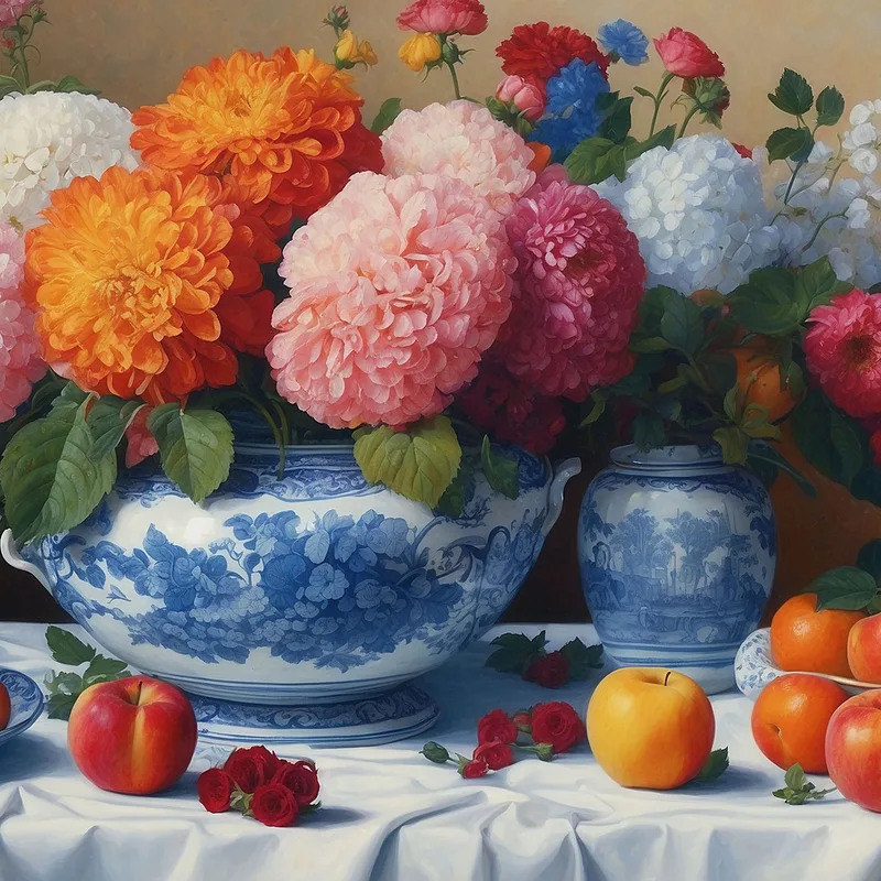 Peinture Botanique Nature Morte Avec Fleurs Et Fruits Dans Des Vases En Porcelaine Bleue