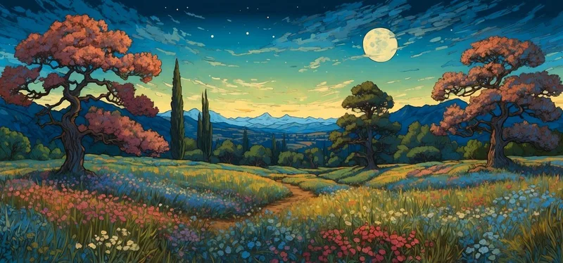 Cuadro Botánico Noche Estrellada Sobre Un Campo De Flores De Colores