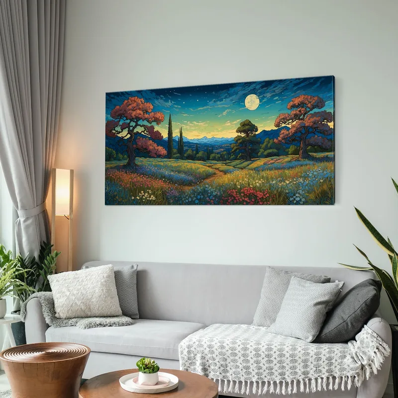 Cuadro Botánico Noche Estrellada Sobre Un Campo De Flores De Colores