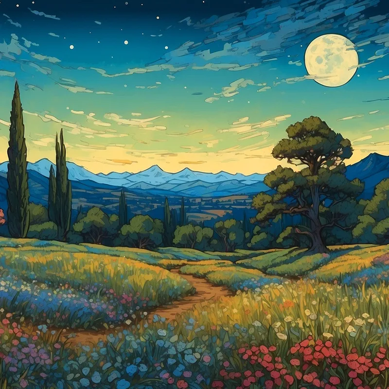 Cuadro Botánico Noche Estrellada Sobre Un Campo De Flores De Colores