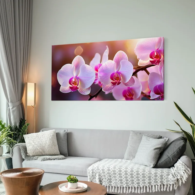 Botanical Painting Of Pink Orchids Illuminated At Sunset
