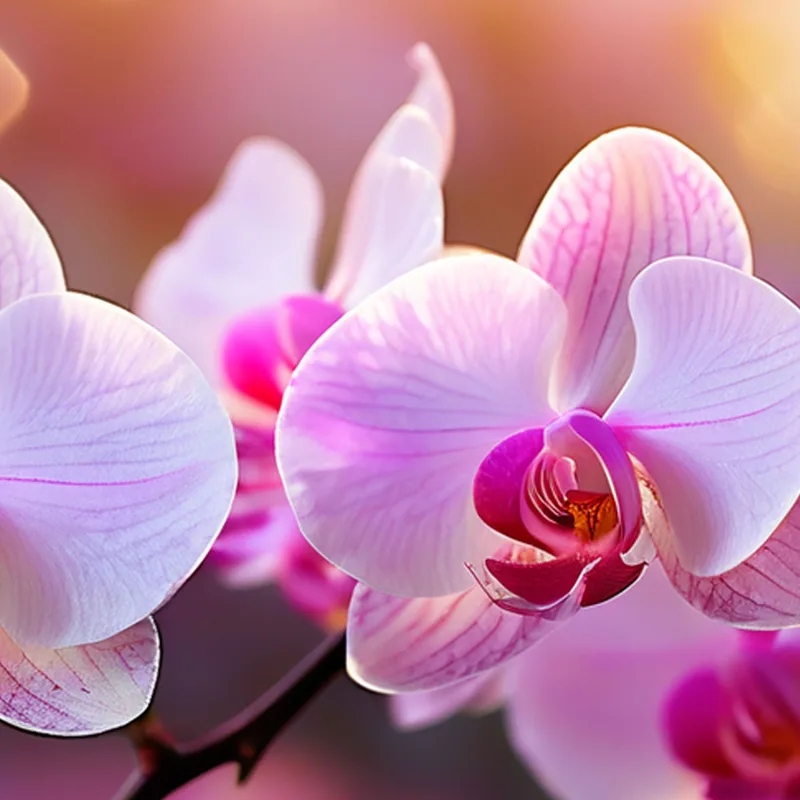 Botanical Painting Of Pink Orchids Illuminated At Sunset