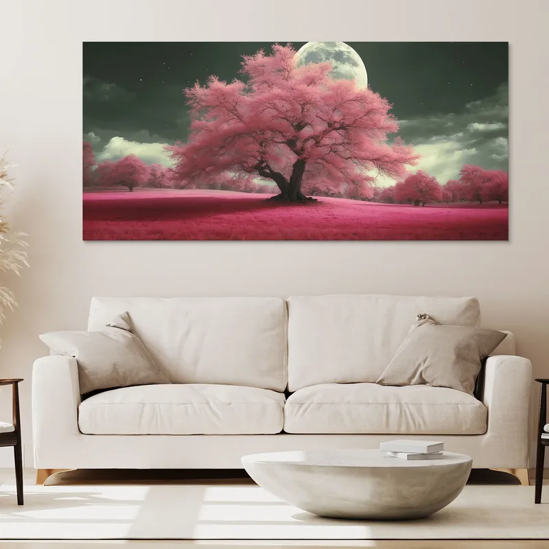 Cuadro Botánico Paisaje Nocturno Con Árboles Rosados ​​Y Fantasía De Luna Llena