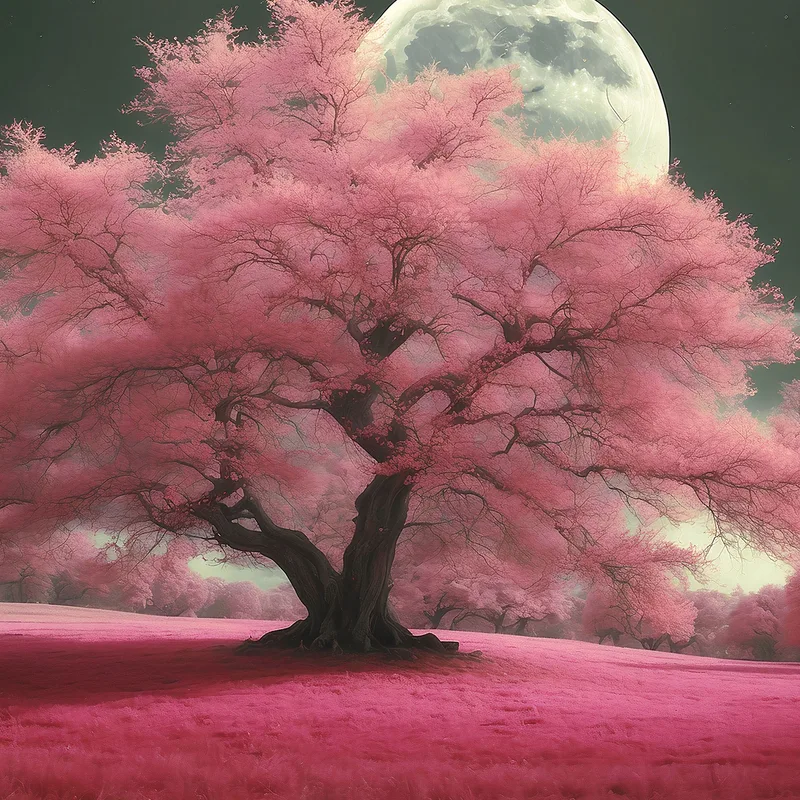 Cuadro Botánico Paisaje Nocturno Con Árboles Rosados ​​Y Fantasía De Luna Llena