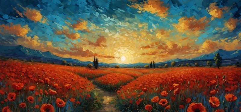 Cuadro Botánico Amapolas Al Atardecer.