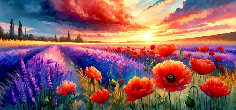 Quadro Botanico Papaveri E Lavanda Al Tramonto