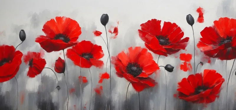 Botanical Painting Red Poppies On An Abstract Gray Background