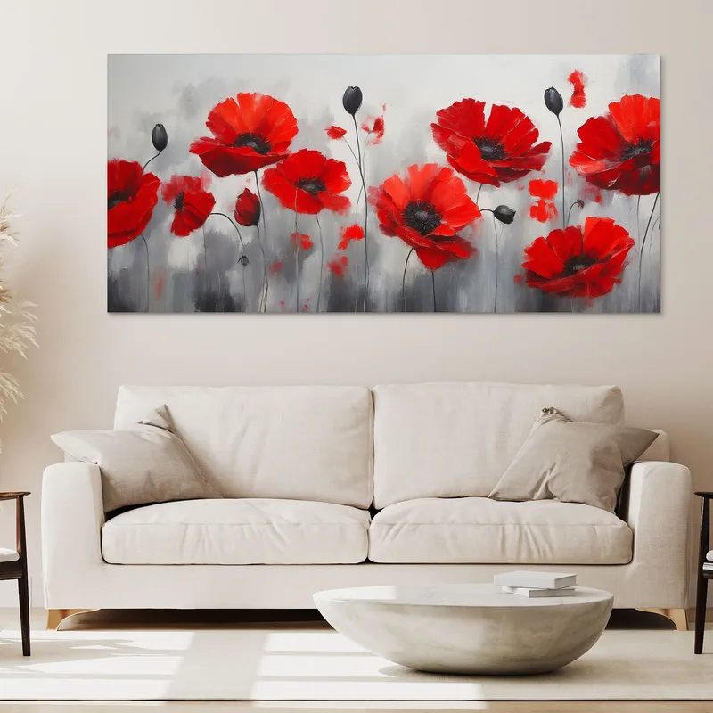Botanical Painting Red Poppies On An Abstract Gray Background