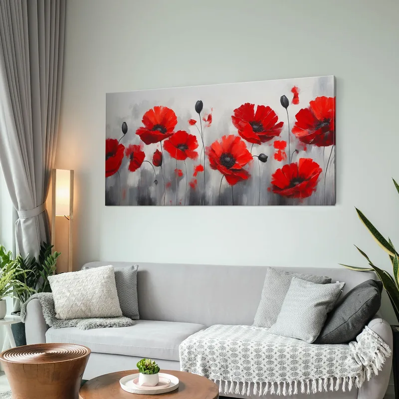 Botanical Painting Red Poppies On An Abstract Gray Background