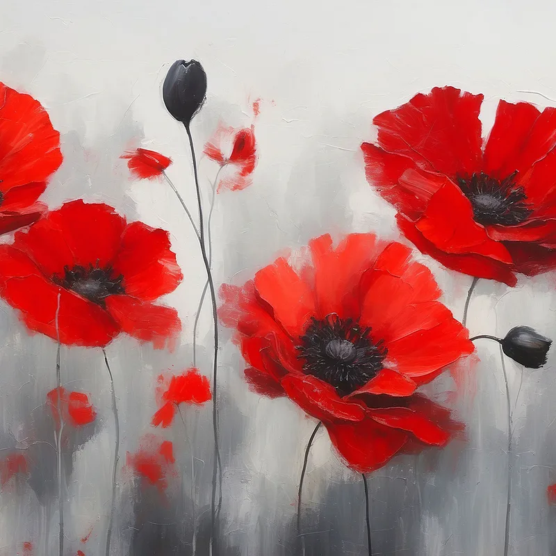 Botanical Painting Red Poppies On An Abstract Gray Background