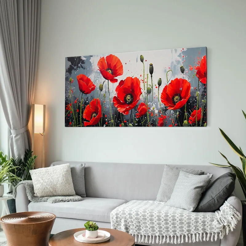 Botanische Malerei Von Leuchtend Roten Mohnblumen Auf Einem Künstlerischen Grauen Hintergrund