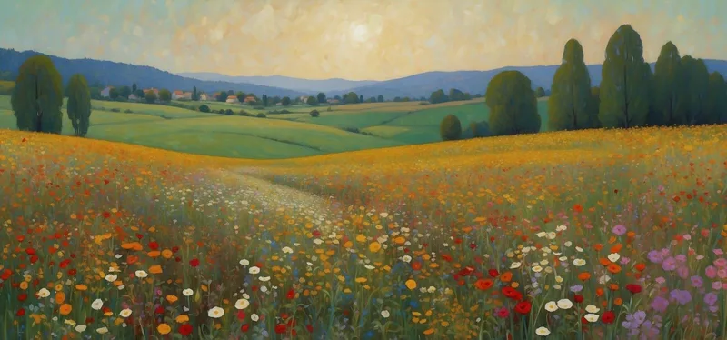 Quadro Botanico Tramonto Dorato Su Campo Fiorito