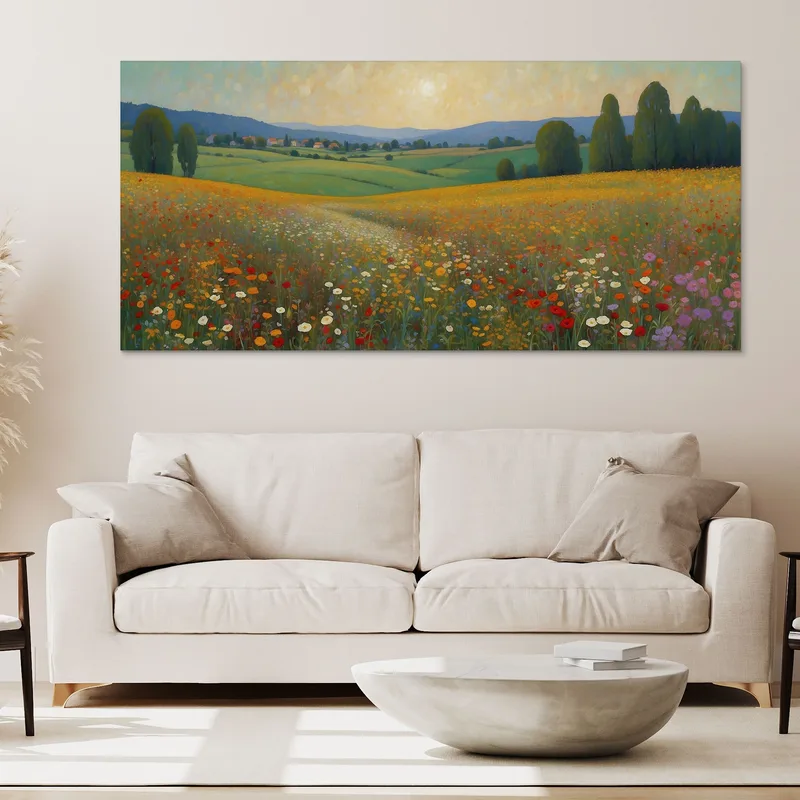 Quadro Botanico Tramonto Dorato Su Campo Fiorito