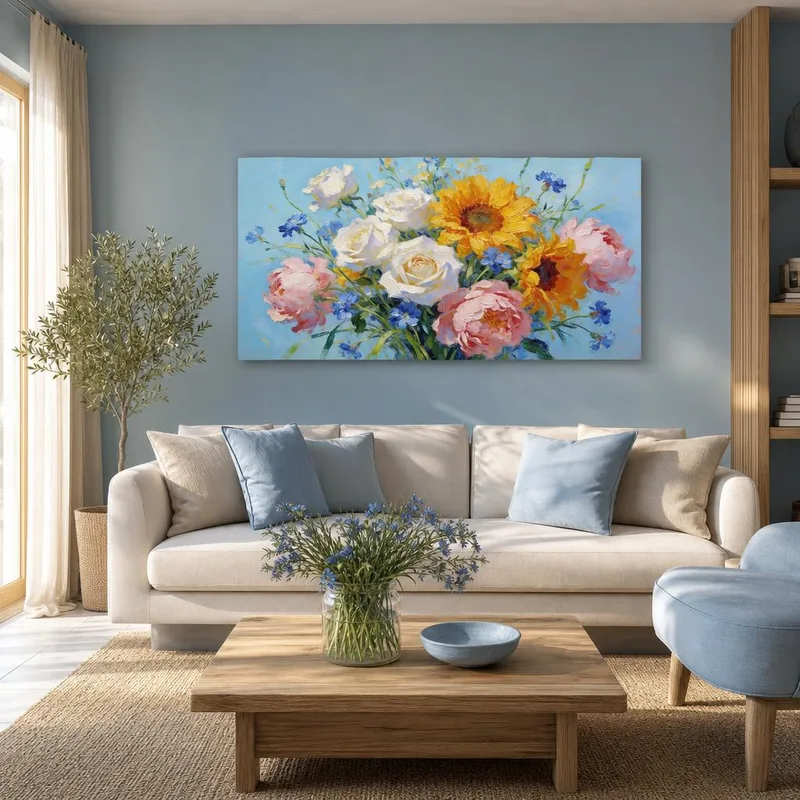 Quadro moderno bouquet di girasoli e rose