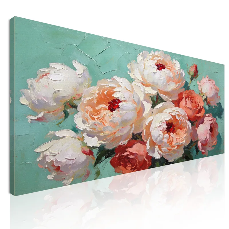 Impression sur toile éclosions de pivoines et roses sur teal