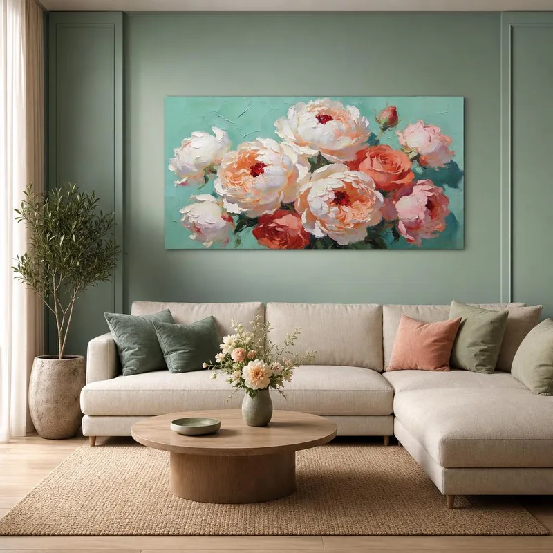Canvas wall art peony and rose blooms on teal