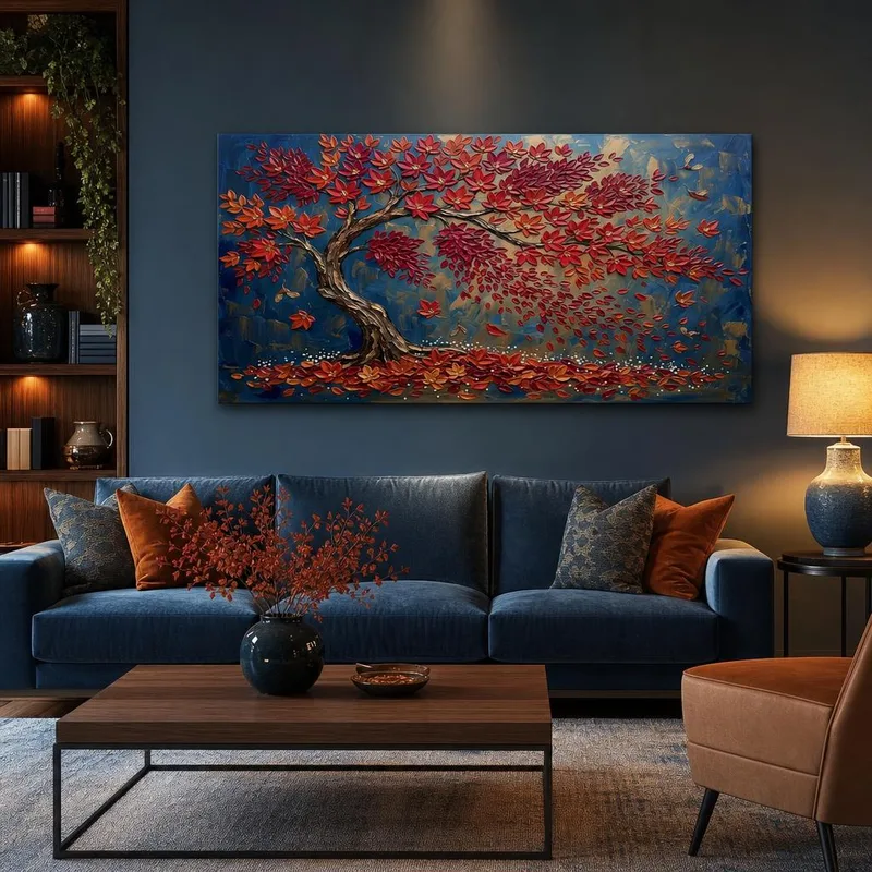Toile artistique arbre rouge d'automne sur toile