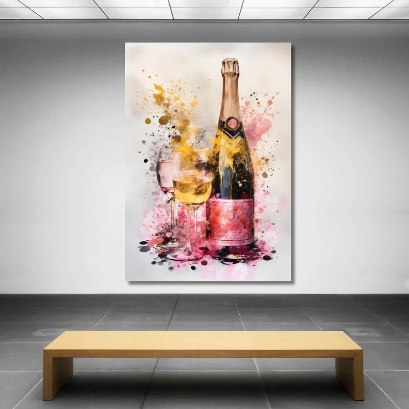 Quadro Moderno Champagne Astratto Oro E Rosa Con Calici
