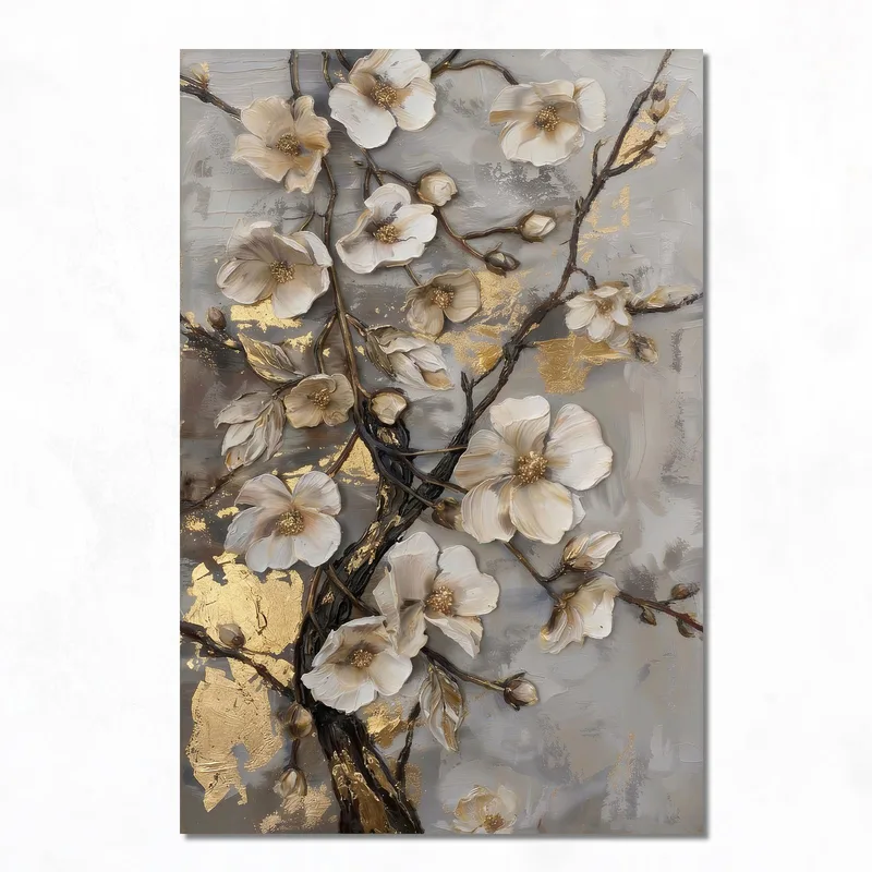 Toile artistique magnolia en fleurs avec accents dorés