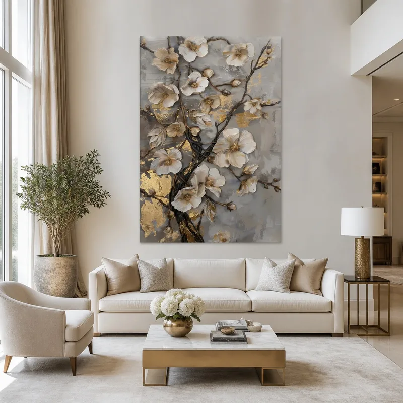Toile artistique magnolia en fleurs avec accents dorés
