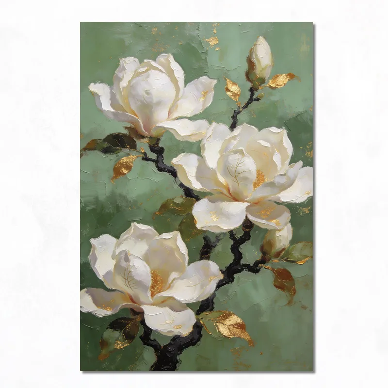 Quadro su tela fioriture di magnolia con accenti dorati