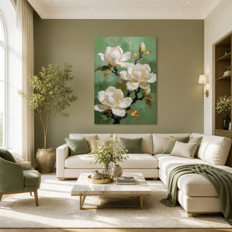 Quadro su tela fioriture di magnolia con accenti dorati