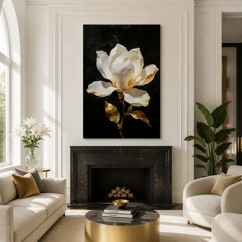 Stampa su canvas magnolia bianca con accenti dorati