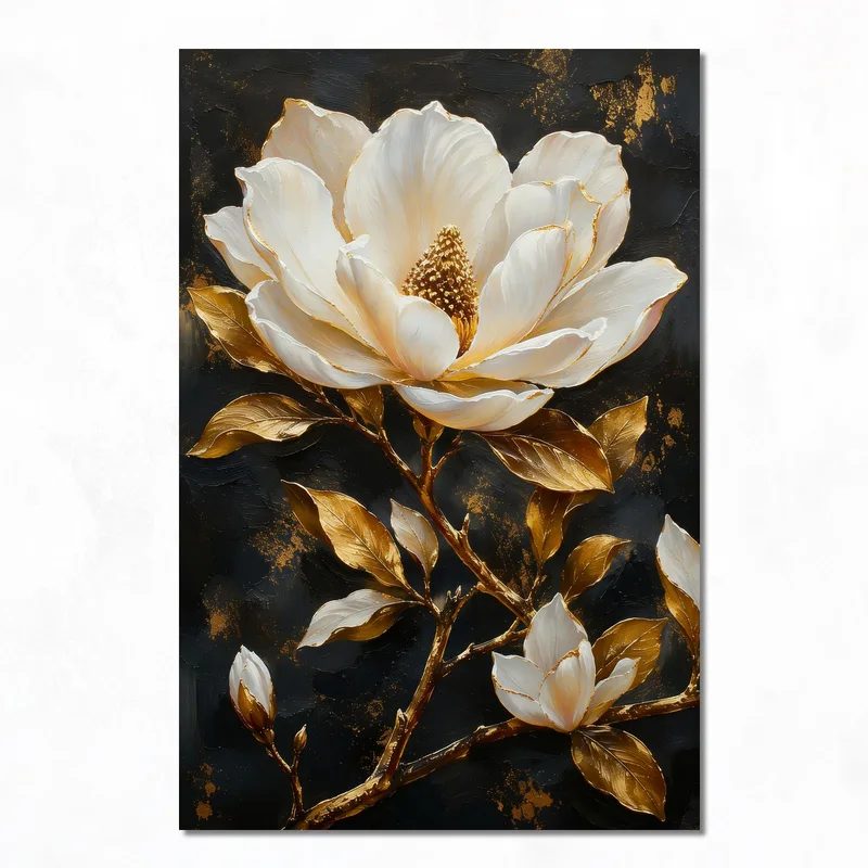 Fine art print white magnolia and gold leaves