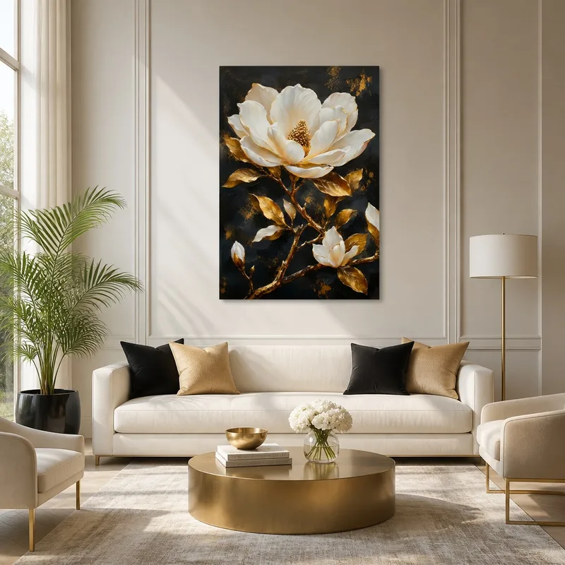 Fine art print white magnolia and gold leaves