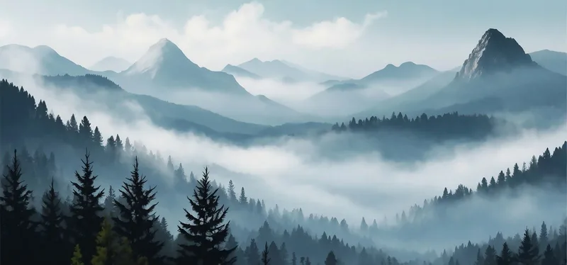 Quadro Paesaggio Astratto Montagna Nebbiosa Foresta Di Pini Scenario Blu E Grigio