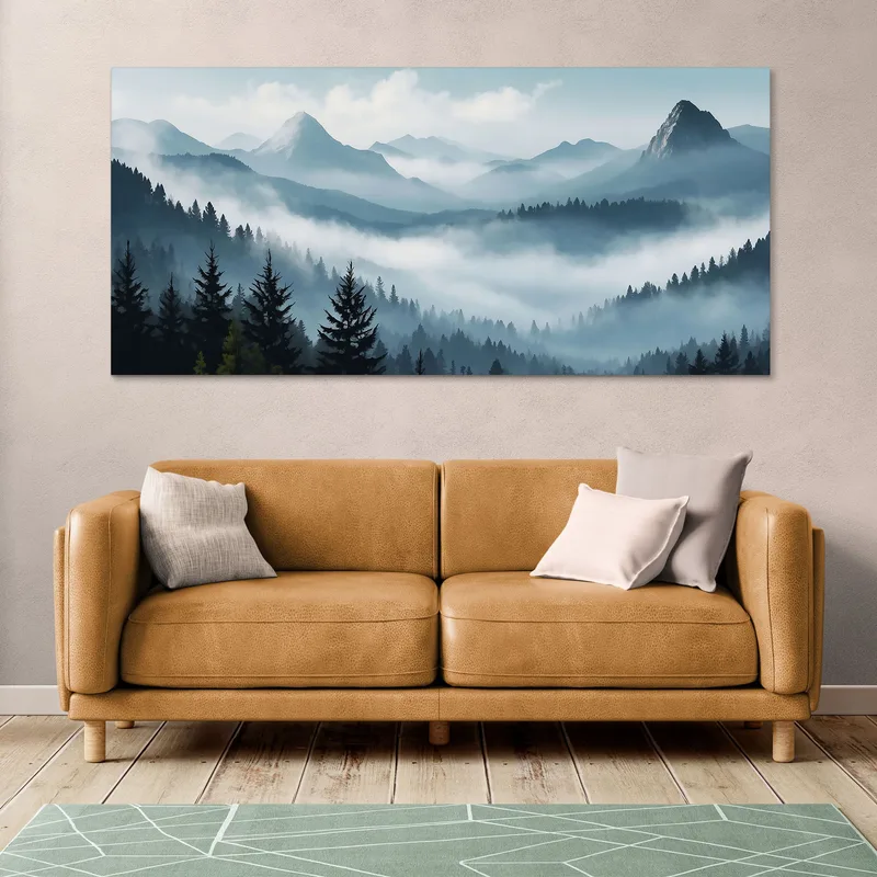 Quadro Paesaggio Astratto Montagna Nebbiosa Foresta Di Pini Scenario Blu E Grigio