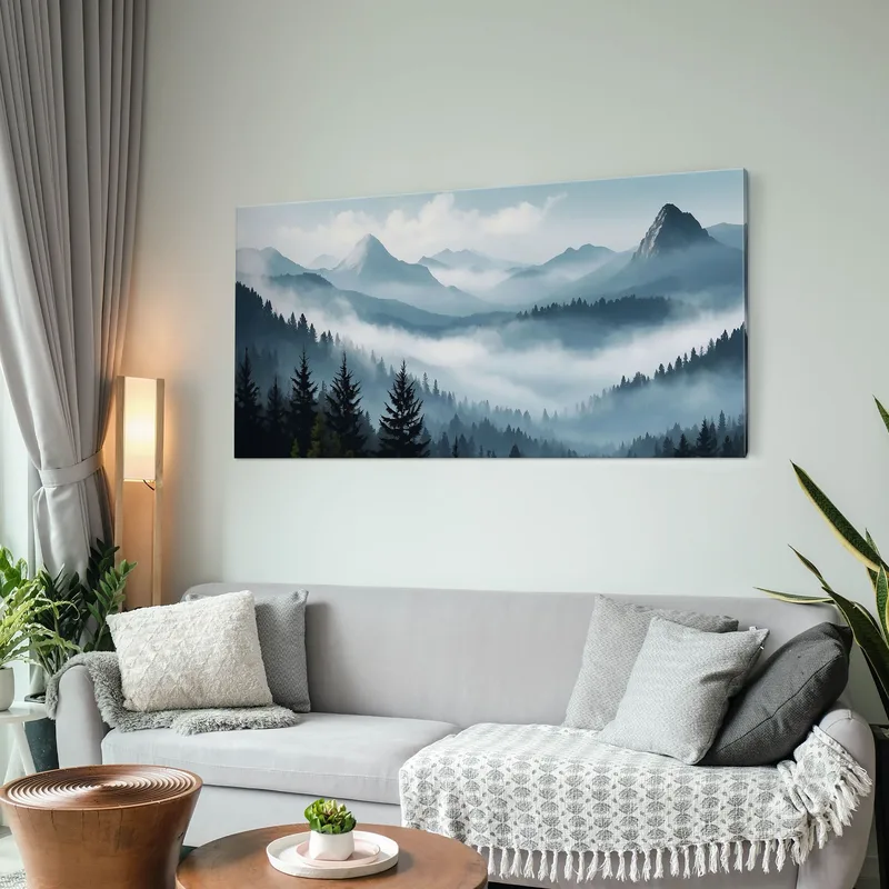 Quadro Paesaggio Astratto Montagna Nebbiosa Foresta Di Pini Scenario Blu E Grigio