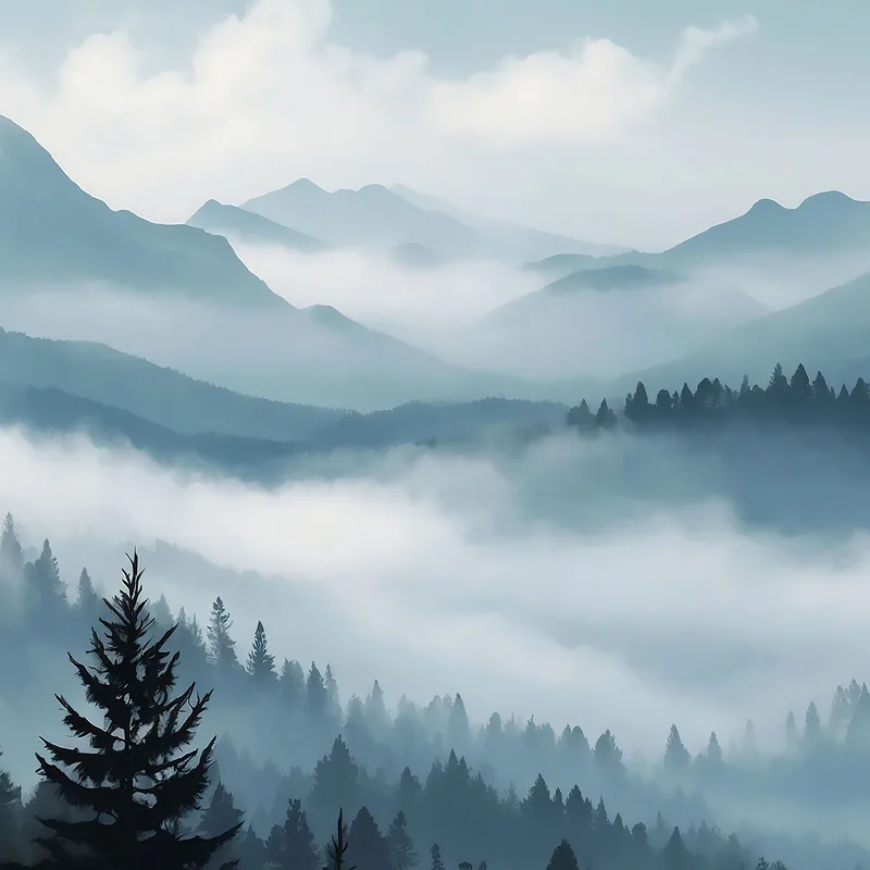 Quadro Paesaggio Astratto Montagna Nebbiosa Foresta Di Pini Scenario Blu E Grigio