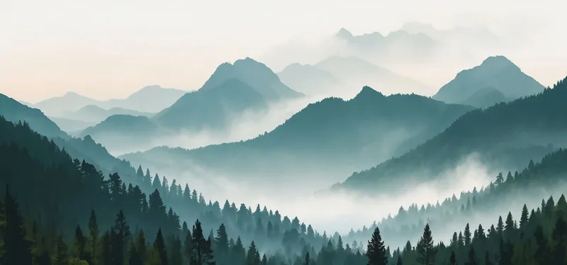 Abstract Landscape Painting Misty Mountains With Green Forest And Clear Sky