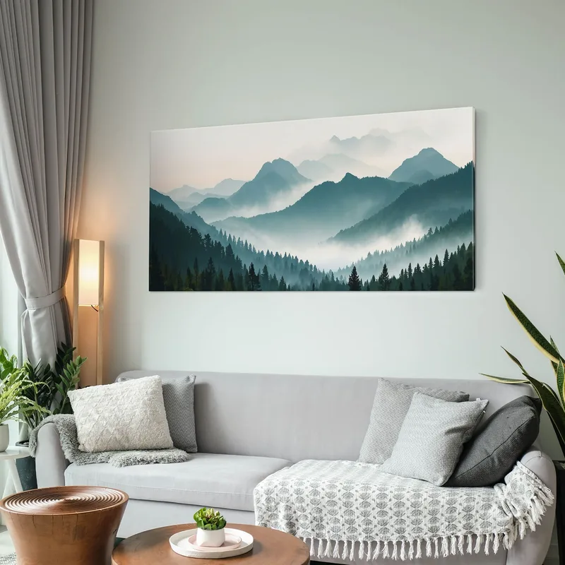 Abstract Landscape Painting Misty Mountains With Green Forest And Clear Sky