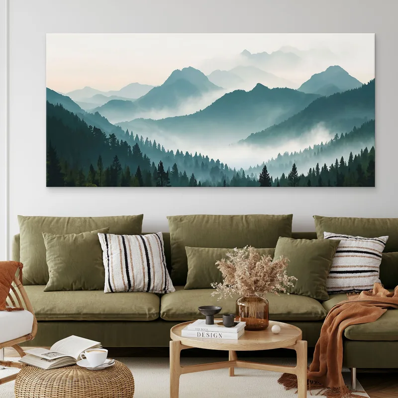 Abstract Landscape Painting Misty Mountains With Green Forest And Clear Sky