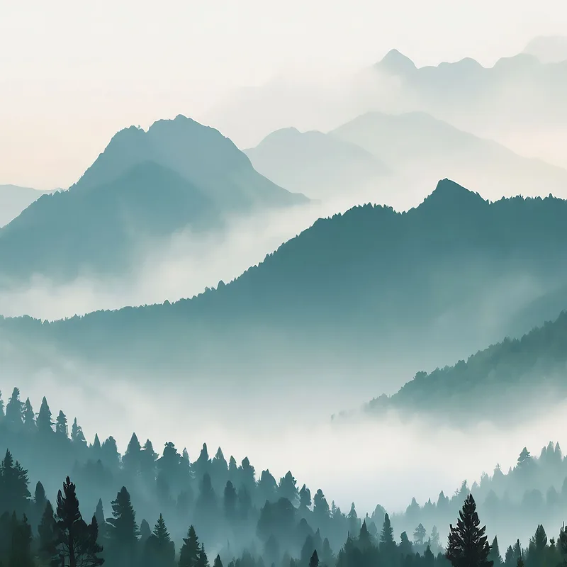 Abstract Landscape Painting Misty Mountains With Green Forest And Clear Sky