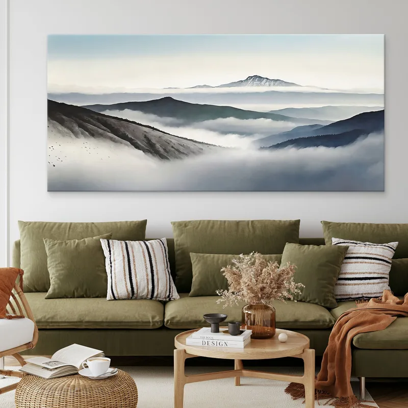 Pintura De Paisaje Abstracto Montañas Nubladas Con Picos Y Valles Azules