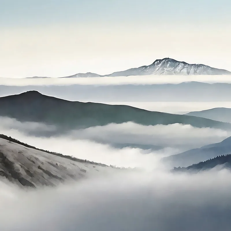 Pintura De Paisaje Abstracto Montañas Nubladas Con Picos Y Valles Azules