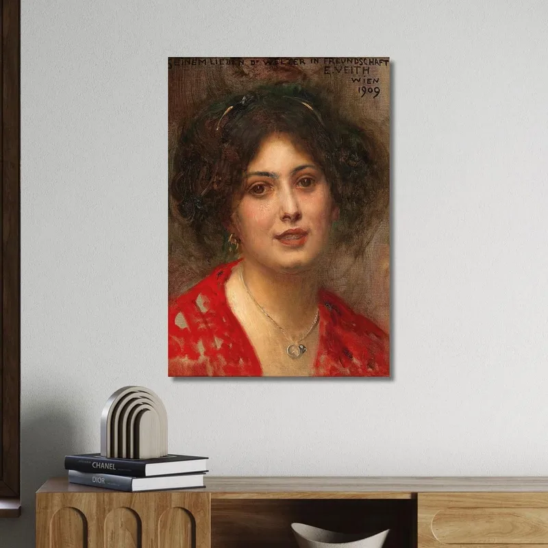 Ritratto Di Una Giovane Donna In Abito Rosso Eduard Veith quadro stampa su tela
