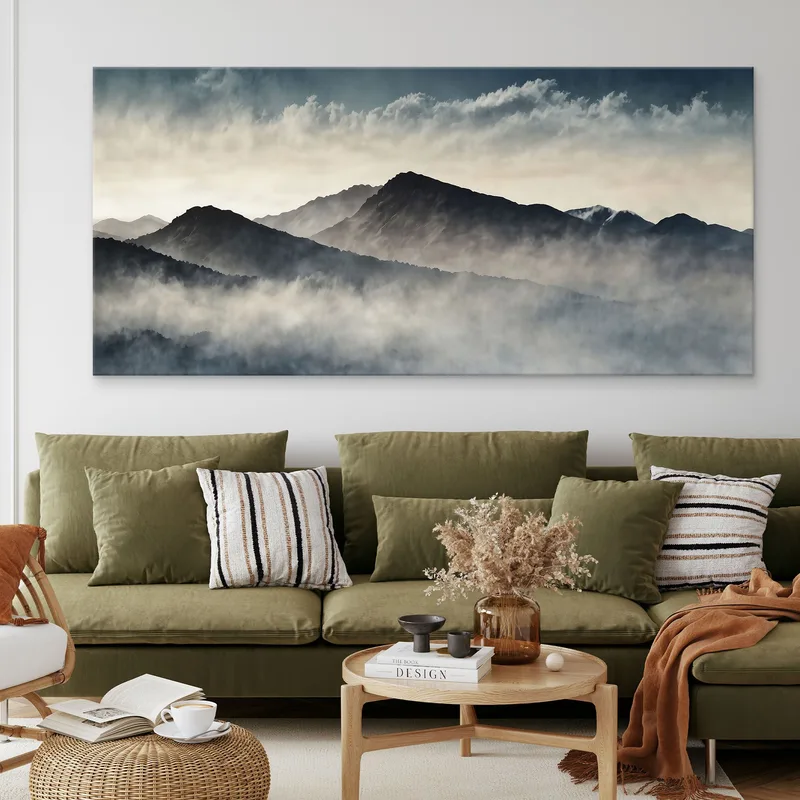 Abstract Landscape Painting Misty Mountains With Gray Peaks