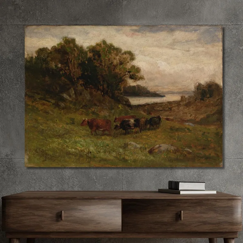 Cinq Vaches Pâturant Avec Arbres Et Rivière En Arrière-Plan Edward Mitchell Bannister
