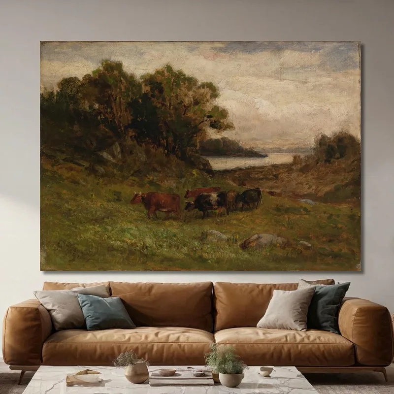 Cinq Vaches Pâturant Avec Arbres Et Rivière En Arrière-Plan Edward Mitchell Bannister