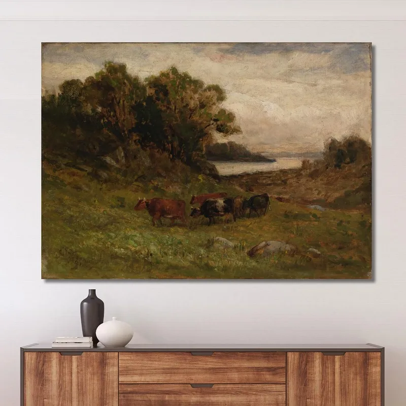 Cinq Vaches Pâturant Avec Arbres Et Rivière En Arrière-Plan Edward Mitchell Bannister