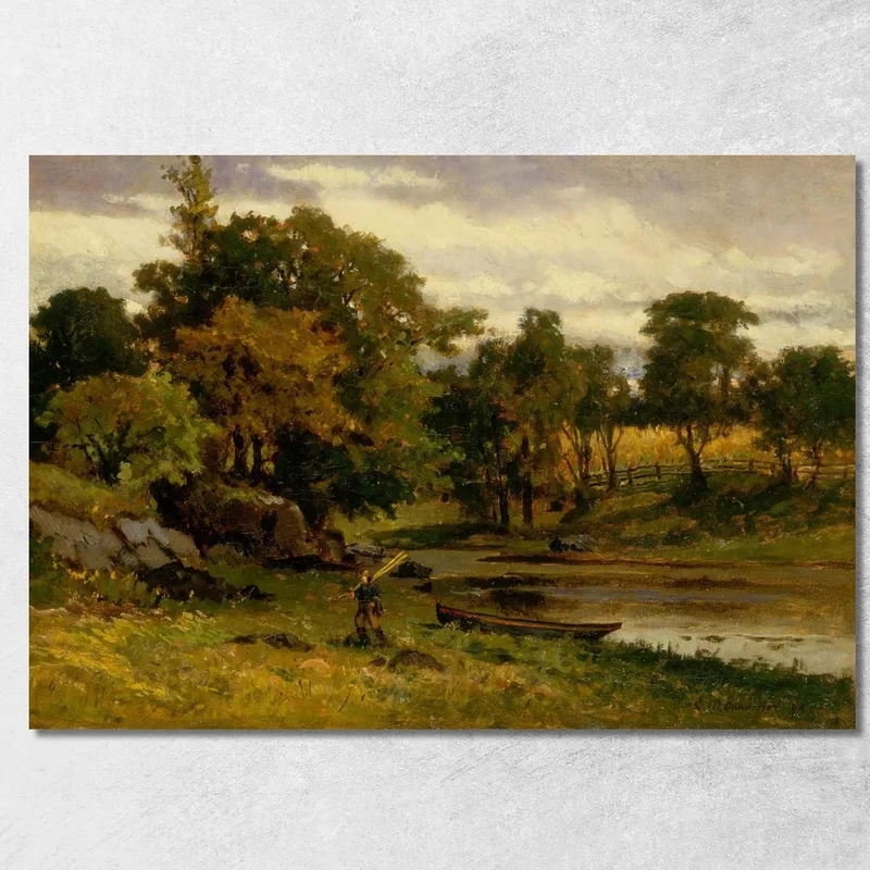 Landscape, Boat Moored Near Stream, Man Walking In Foreground Edward Mitchell Bannister canvas print