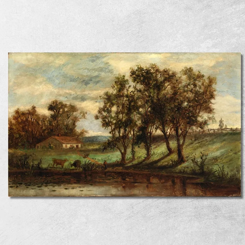 Man With Cows Grazing Near Pond With House And Trees In Background Edward Mitchell Bannister canvas print
