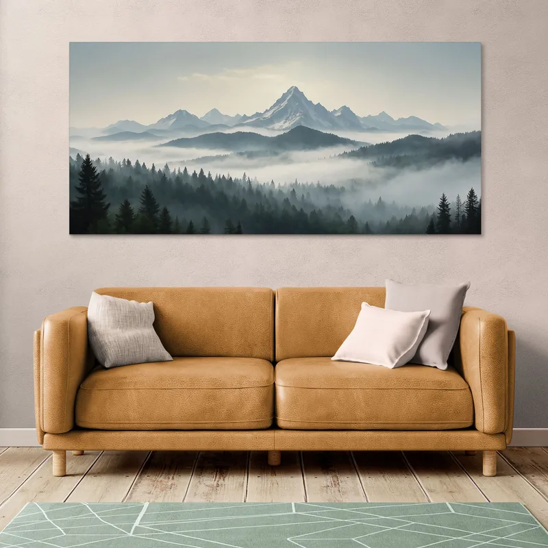 Quadro Paesaggio Astratto Paesaggio Di Montagna Nebbioso Con Vette Innevate E Foresta Verde