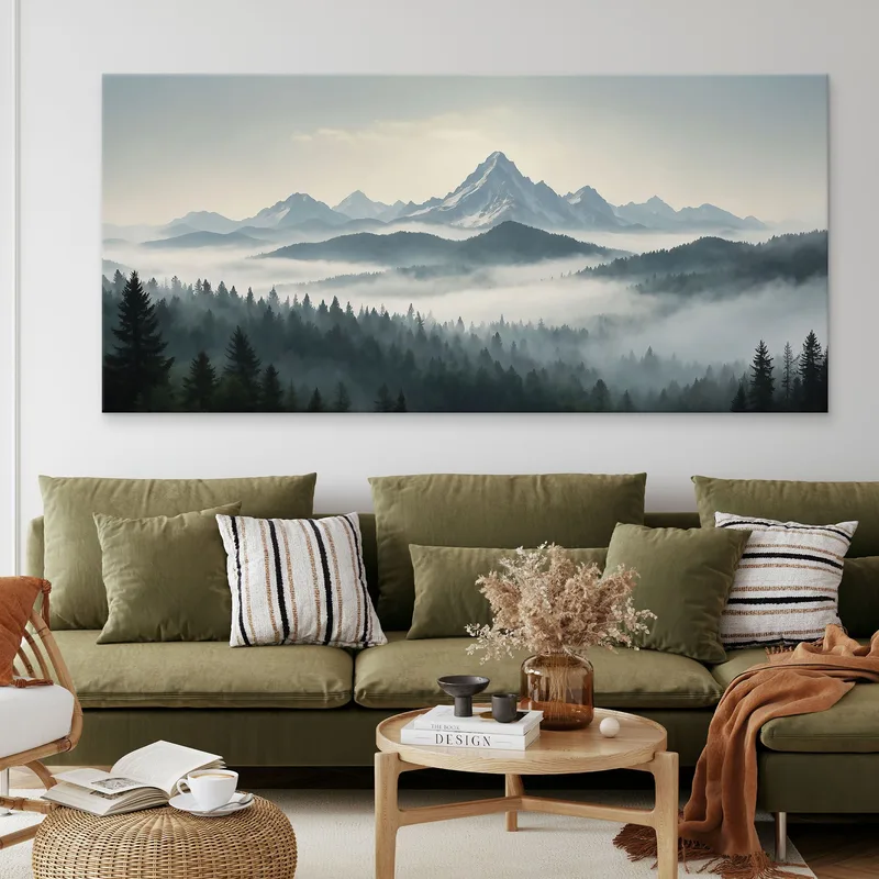 Quadro Paesaggio Astratto Paesaggio Di Montagna Nebbioso Con Vette Innevate E Foresta Verde
